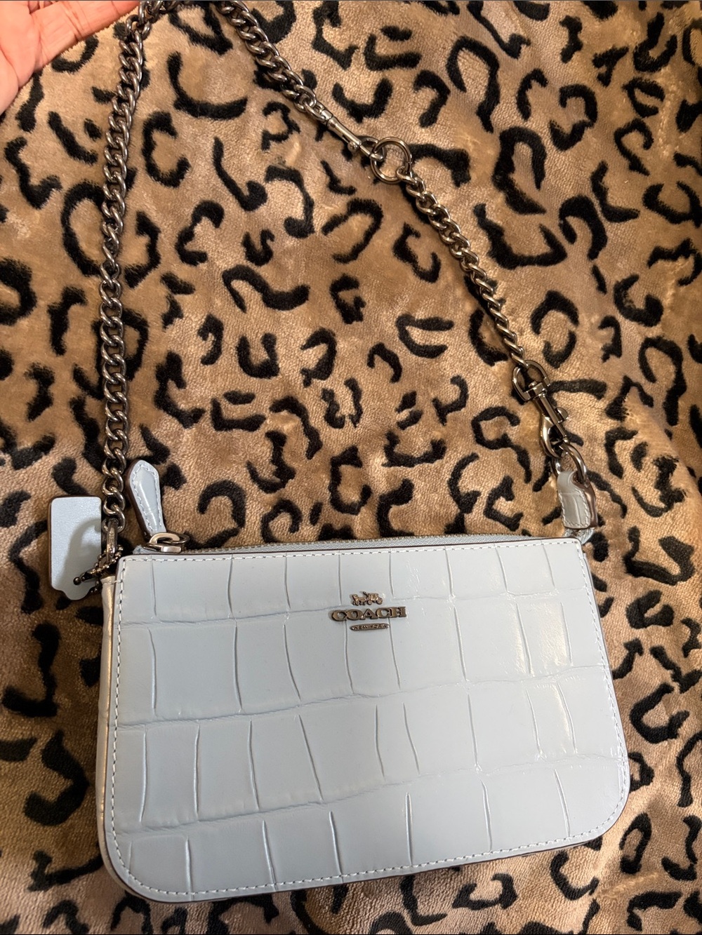 Coach Blue Croc-Embossed Leather Shoulder Bag with Chain Strap